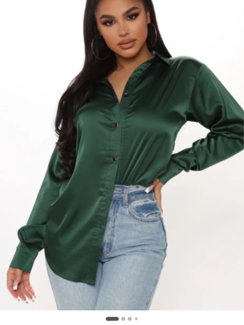 Fashion Nova Satin Button-Down Shirt - Dark Green